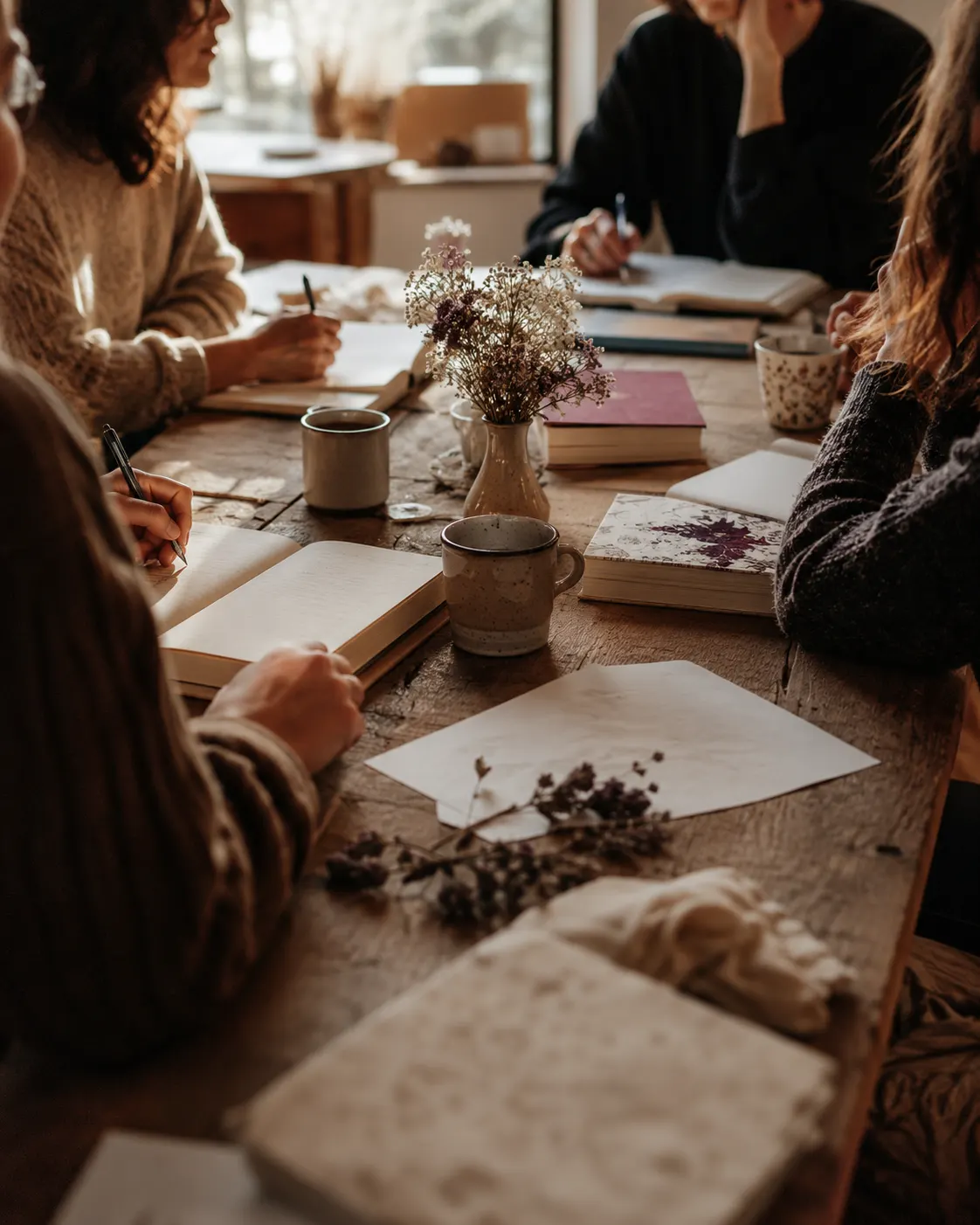 Participant·es écrivant ensemble autour d'une table chaleureuse